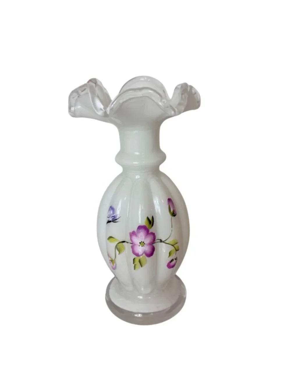 Romantic White Glass Bud Vase Hand Painted VTG Purple Floral Ruffle Rim 8.5” - Picture 4 of 16
